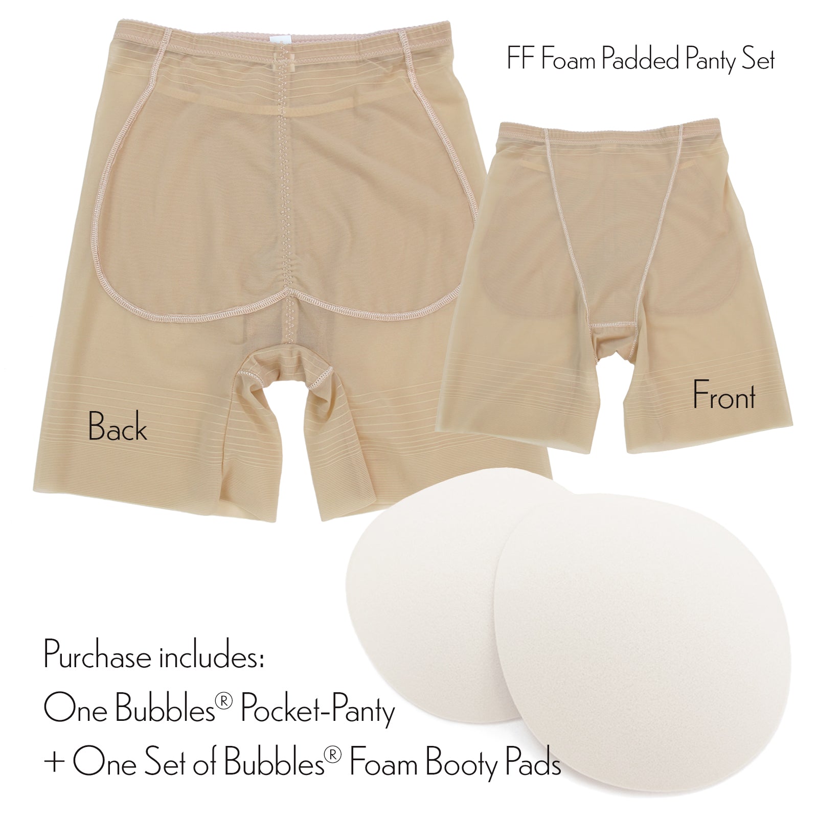 Beige foam padded panty set with foam butt pads on a white background.