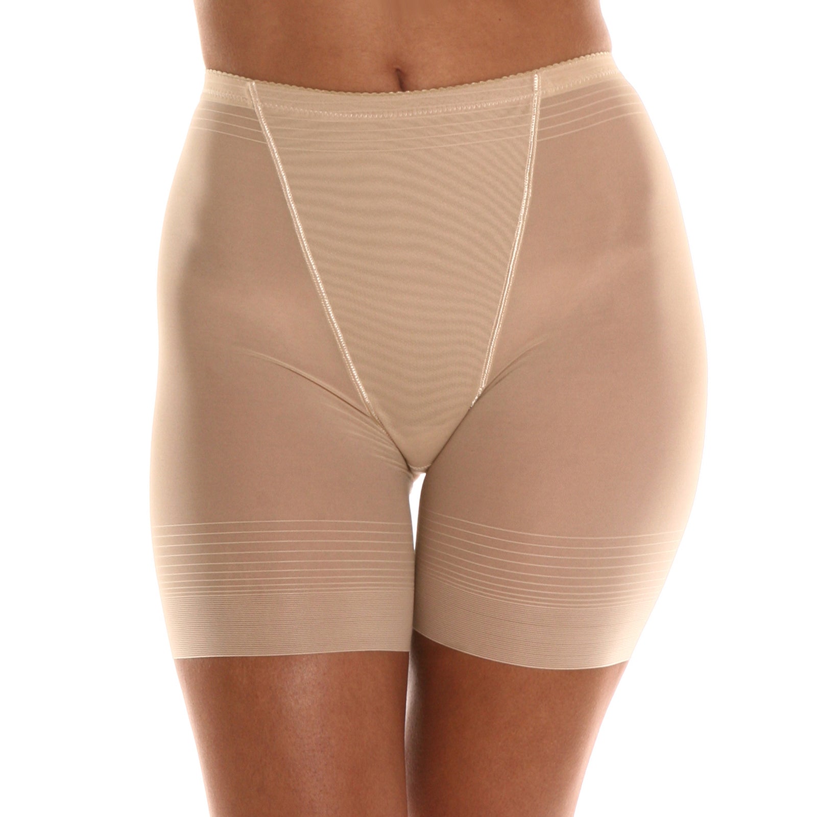 Front view of control sheer light-colored mid thigh shaping panty on white background